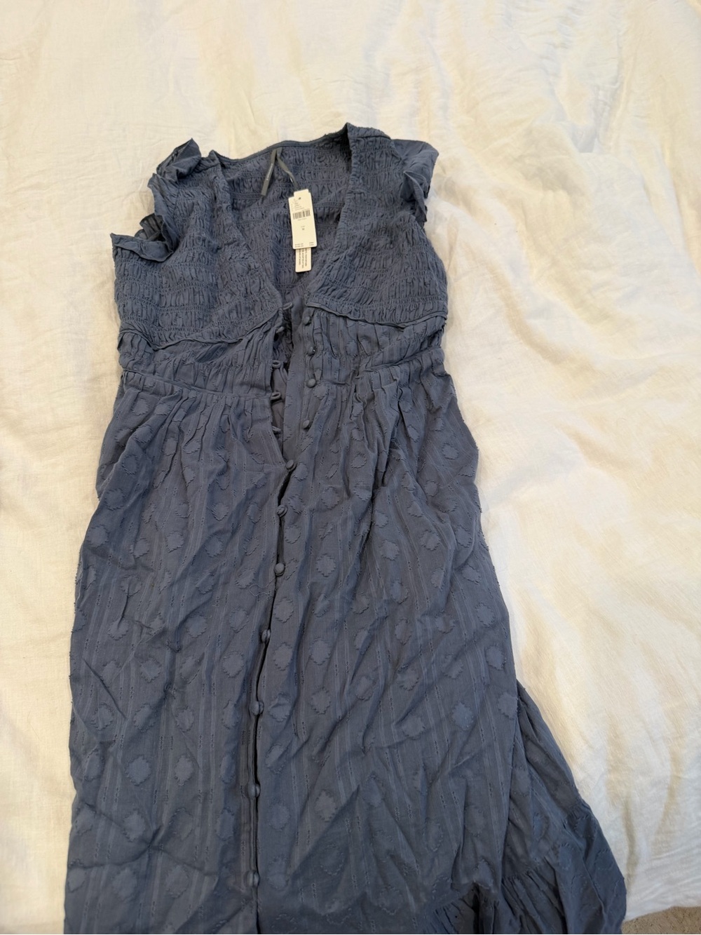 Anthropologie Dusty Blue Textured Button-Front Maxi Dress